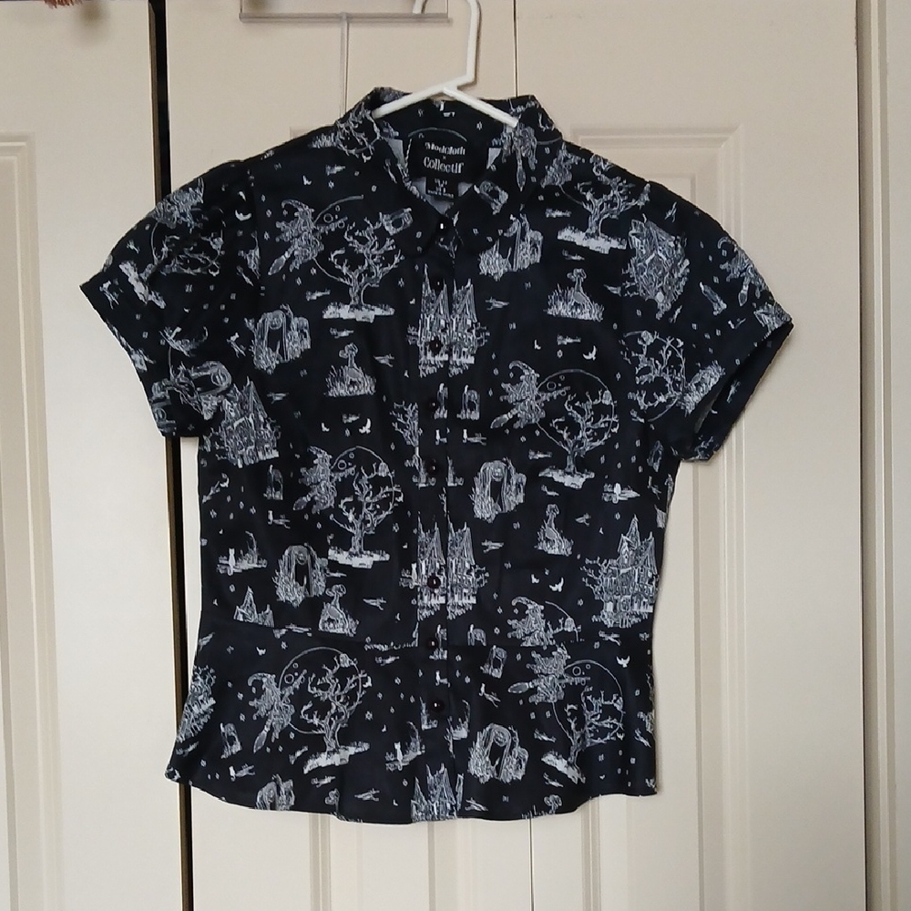 ModCloth Black Blouse with White Spooky Toile Print